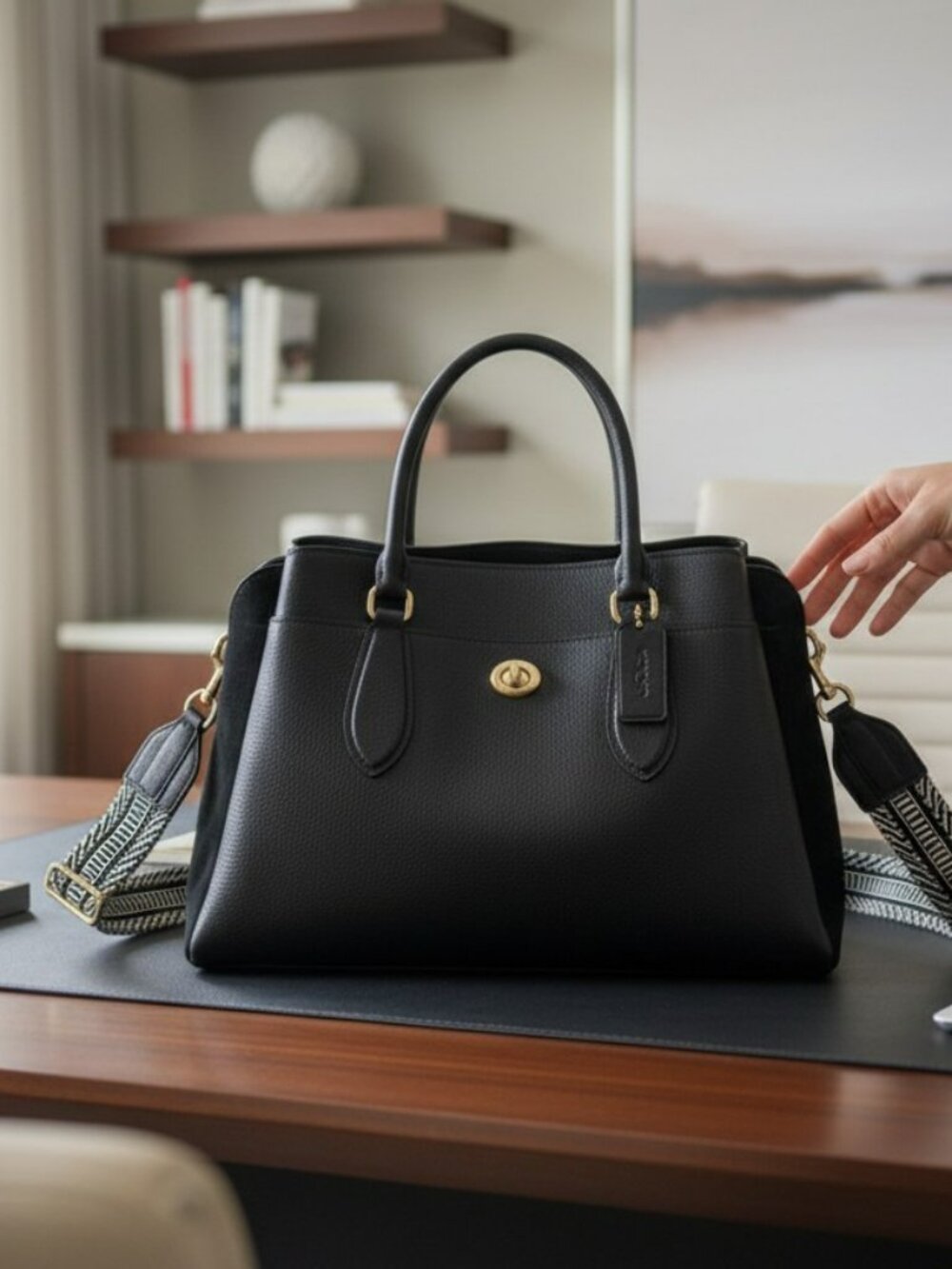 Coach Lora Carryall Black Polished Pebble Leather Bag with Custom Strap/Dust Bag